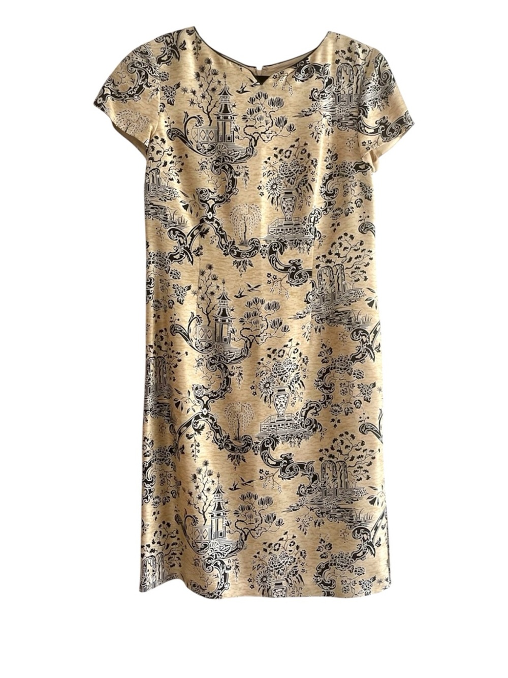 Vintage Chinoiserie Print Silk Midi Sheath Dress